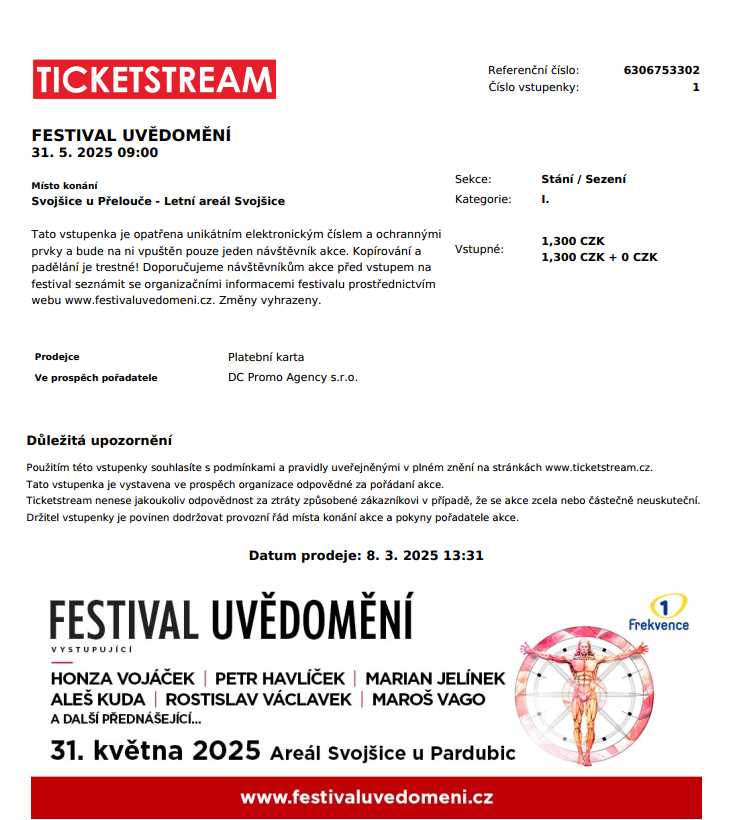 1 Vstupenka Festival uvědomění ve Svojšicích u Pardubic