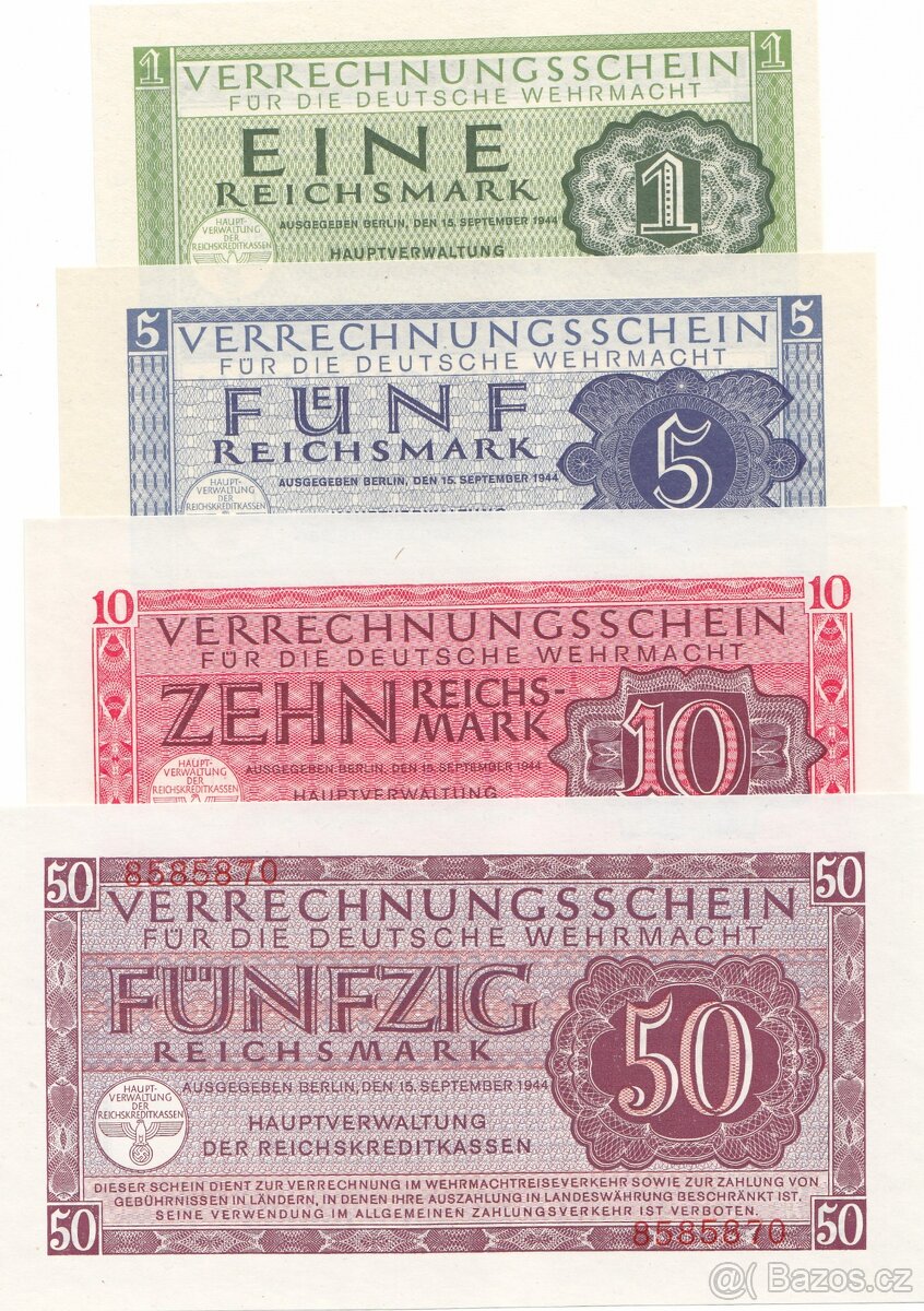 Originální sada bankovekWehrmachtu 1,5,10,50 Reichsmark 1944