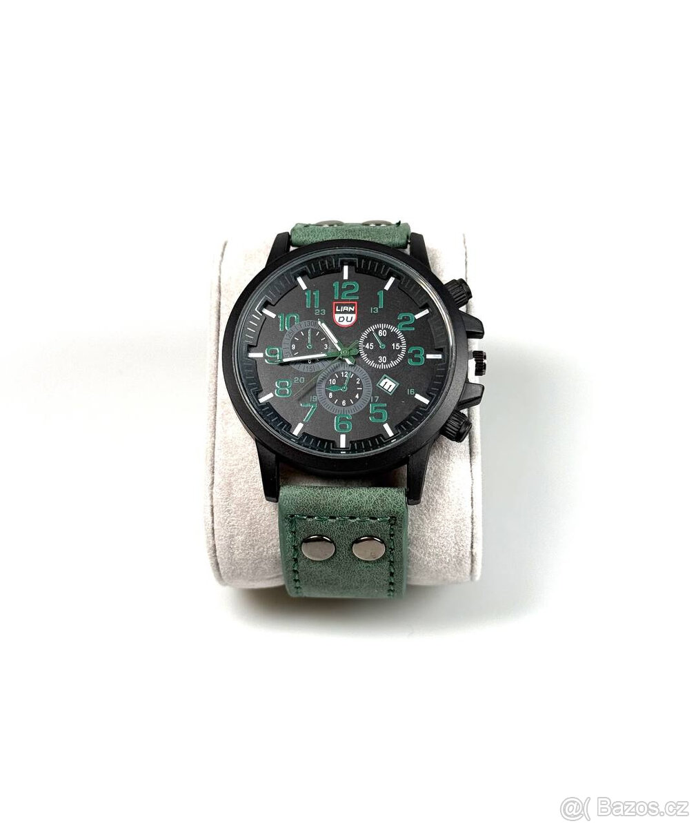 Pánské hodinky Lian Du se zeleným koženým řemínkem