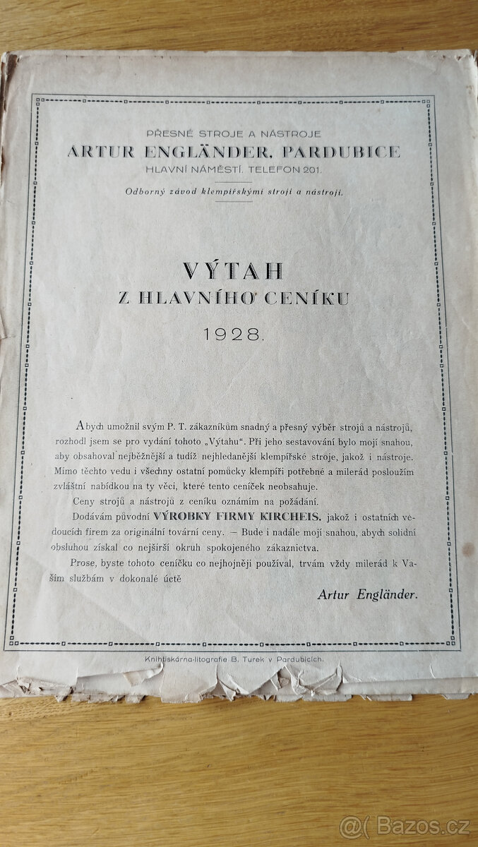 předválečný ceník z roku 1928 - přesné stroje a nástroje