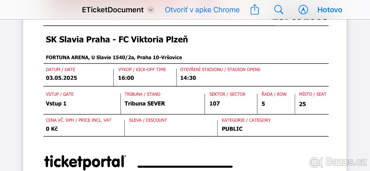 Vstupenka futbal Slávia Praha - Viktória Plzeň