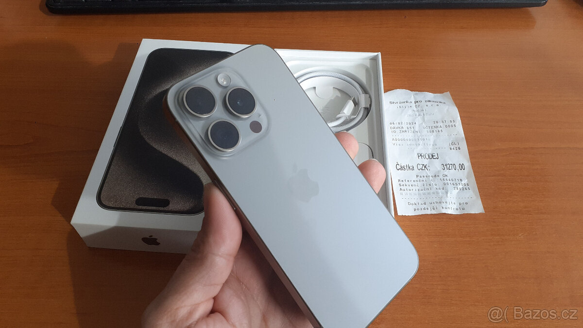 Iphone 15 pro 128GB natural titanium, moc hezký stav, ZÁRUKA