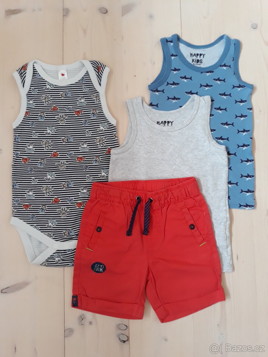 Kraťasy, body, 2x tílko vel 98