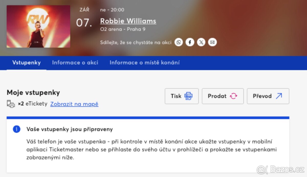 2 Vstupenky na koncert Robbie Williams 7.9. 2025 O2 Aréna