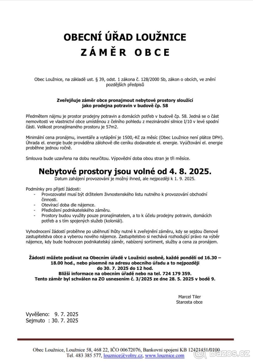 Pronájem prostor k podnikání - prodejna potravin
