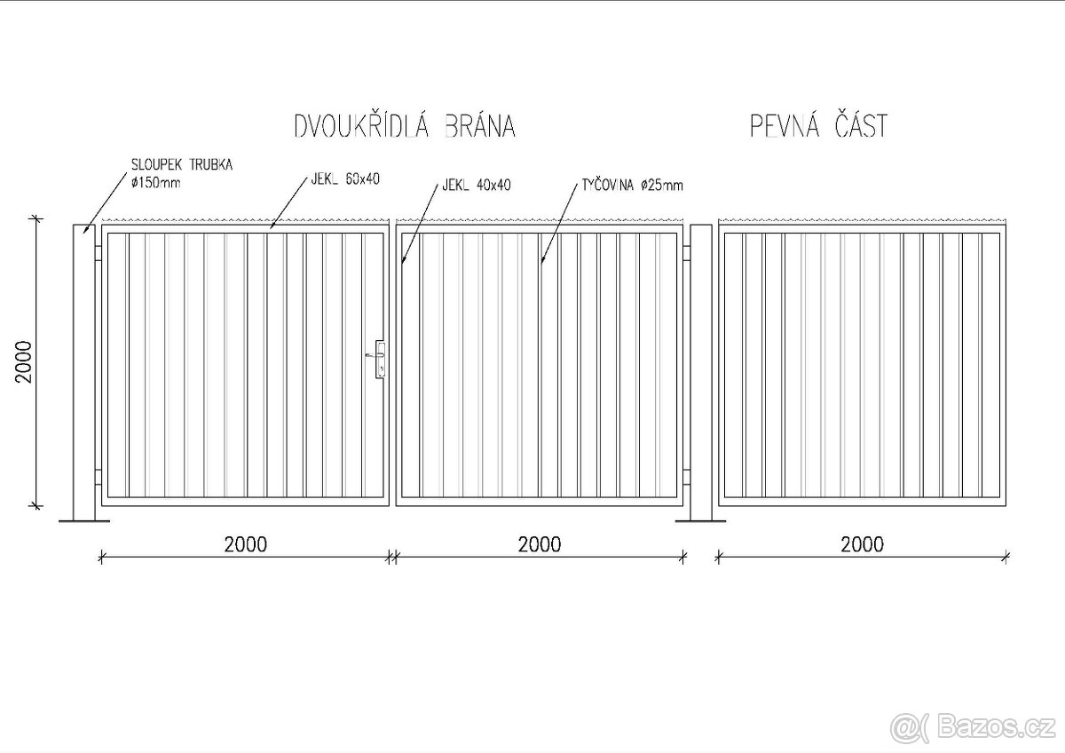 Vrata 4m, otvíravá, ocelová + boční pevný díl