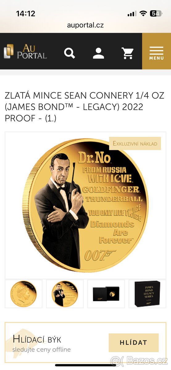 Zlata mince 1/4 unce Bond proof