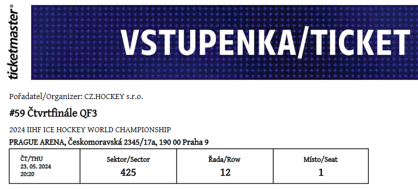 Prodám lístky na české čtvrtfinále MS 2024