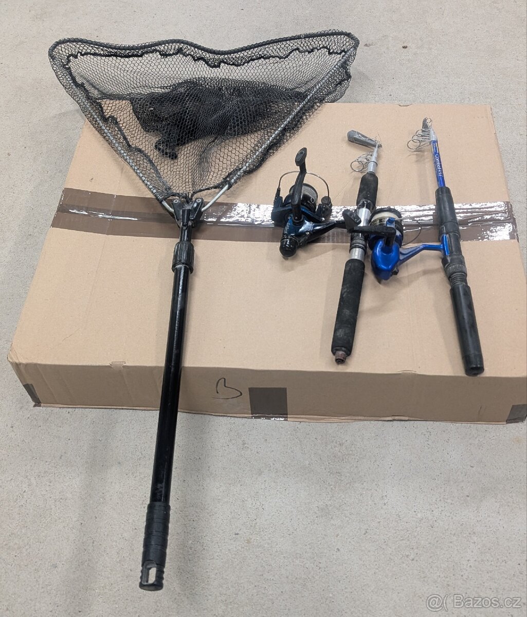Rybářské pruty s navijáky a podběrák