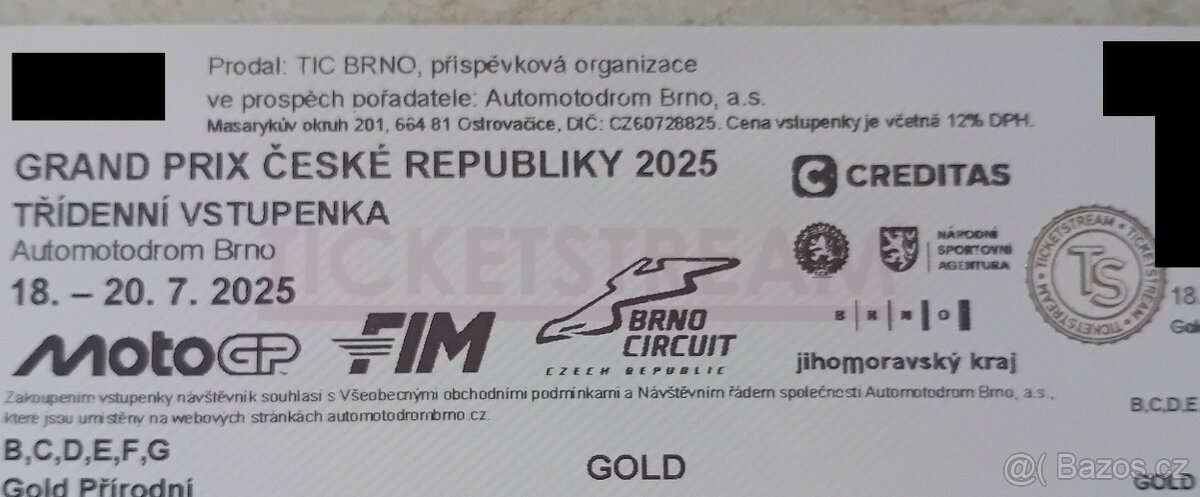Prodam: 2 tistene GOLD vstupenky na MotoGP Brno