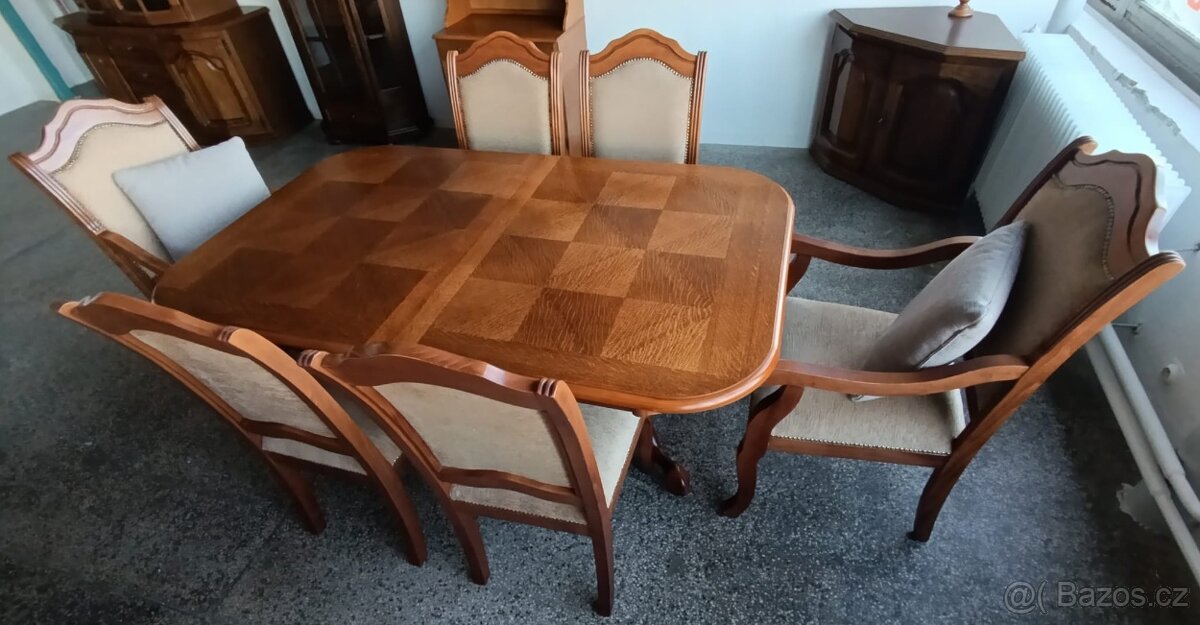 Jídelní set, stůl, židle, křesla, rustikální nábytek masív