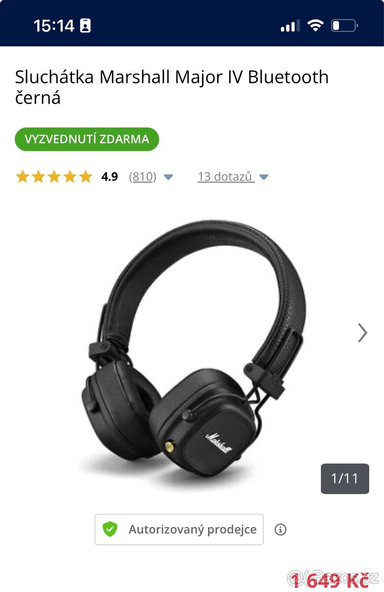 Sluchátka Marshall Major IV Bluetooth černá