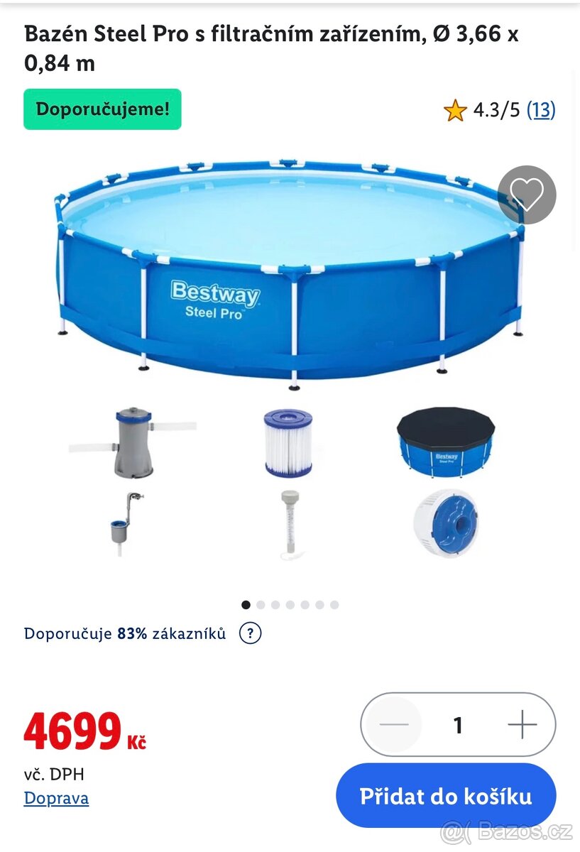 Bazén Bestway Steel Pro 3,66 m – nový, nerozbalený, s přísl.
