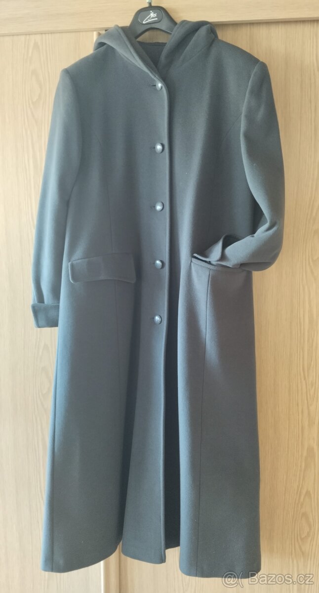 Luxusní dlouhý vlněný zimní kabát s kapucí, V 40/42 - po kot