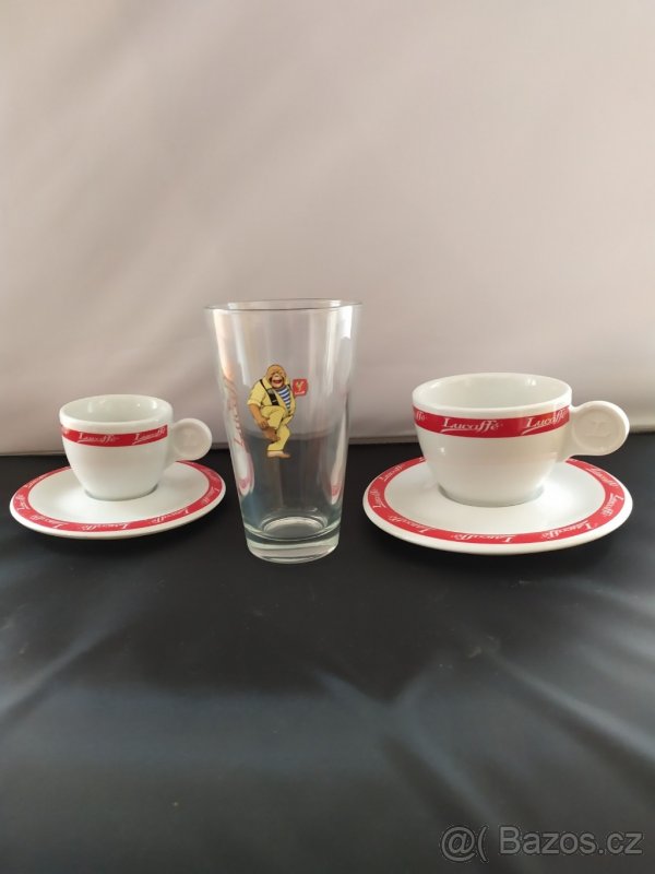Lucaffe šálky porcelán, sklo, reklamní cedule