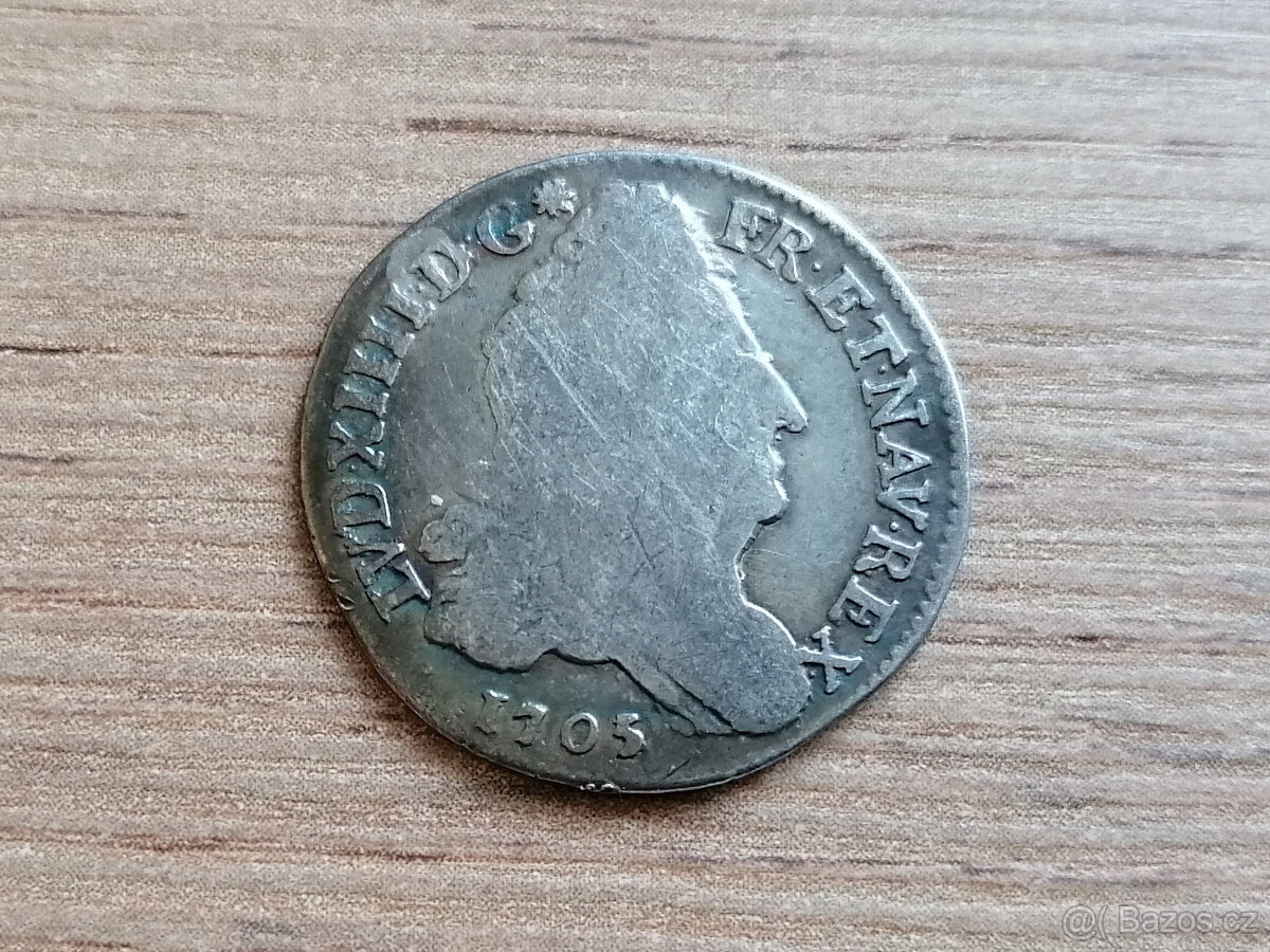 Stříbro Francie 1/8 Ecu 1705 král Ludvík XV. stříbrná mince