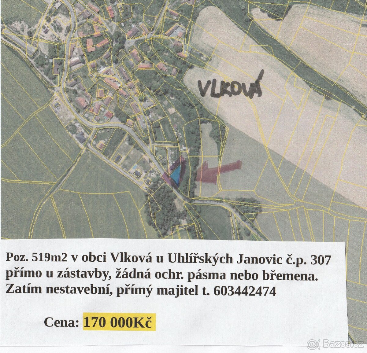 Poz. 519m2 ve Vlkové u Uhl. Janovic 72 km v. od Prahy