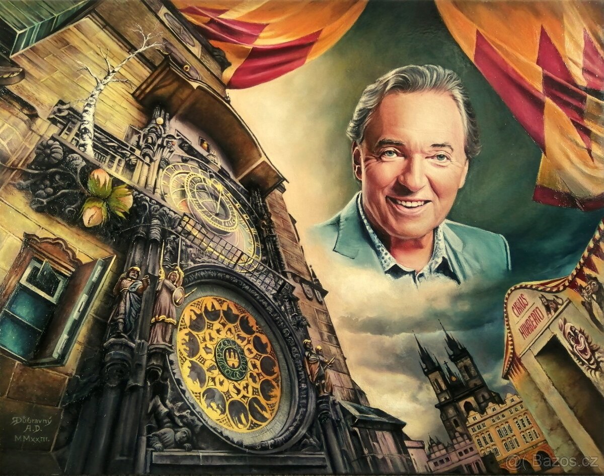 Obrazy + čerstvá unikátní malba - Karel Gott + pražský orloj