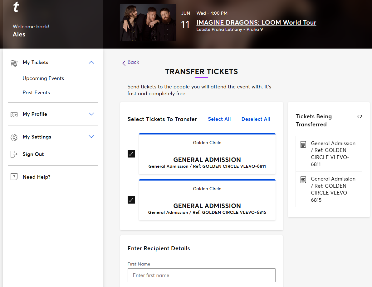 2x Imagine Dragons 11.6. Golden Circle, Ticketmaster