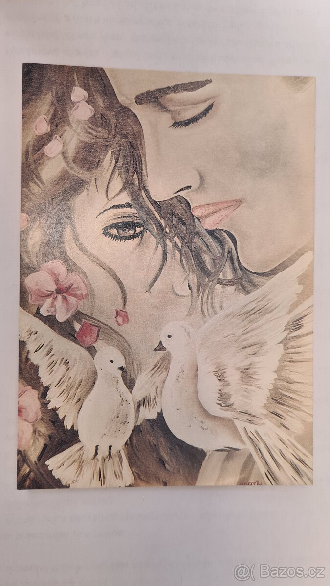 Pohlednice - malba milenci a holubice