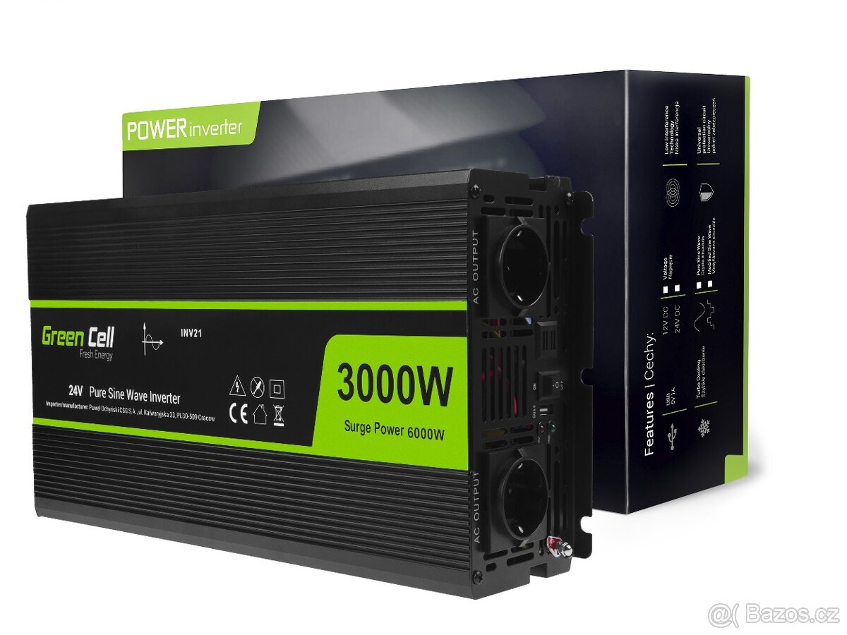Měnič napětí z 24V na 230V, 3000W/6000W Green Cell INV21