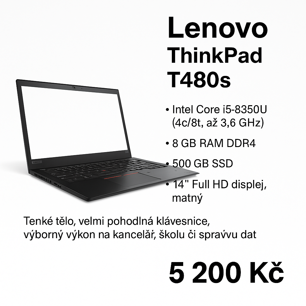 Lenovo ThinkPad T480s – spolehlivý pracovní notebook, 500 GB