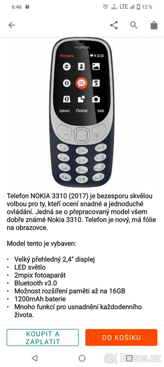 Prodám nový tel Nokia 3310 2xSim