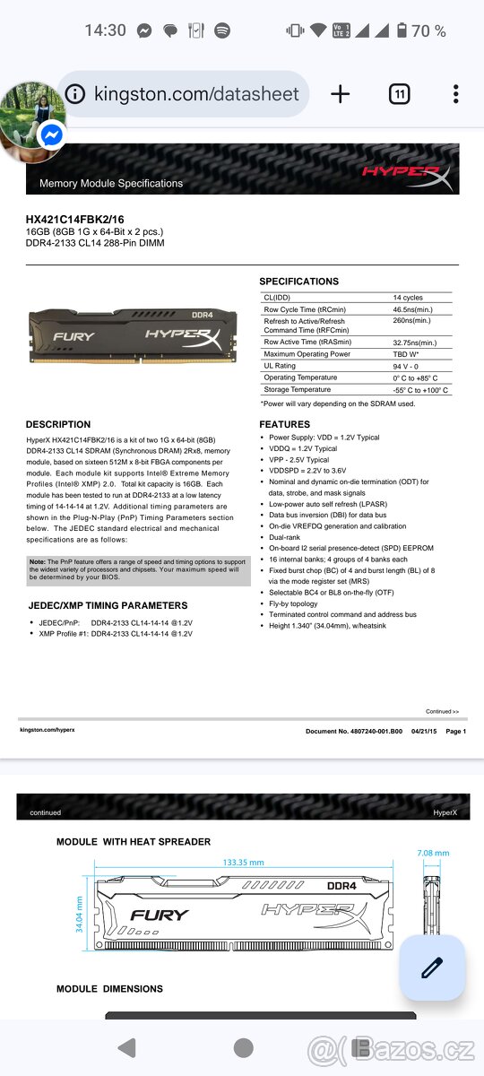 Paměť DDR4 2133 hyper x 2x 8gb