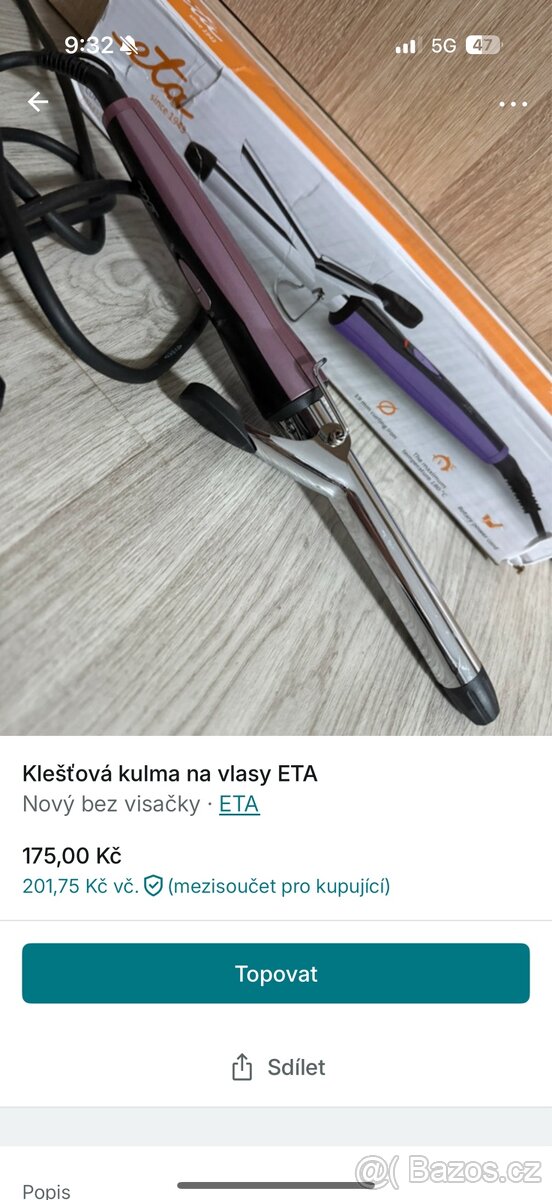 Klešťová kulma na vlasy ETA