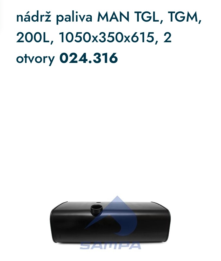 Nová nádrž paliva MAN TGL, TGM, 200L, 1050x350x615, 2 otvory