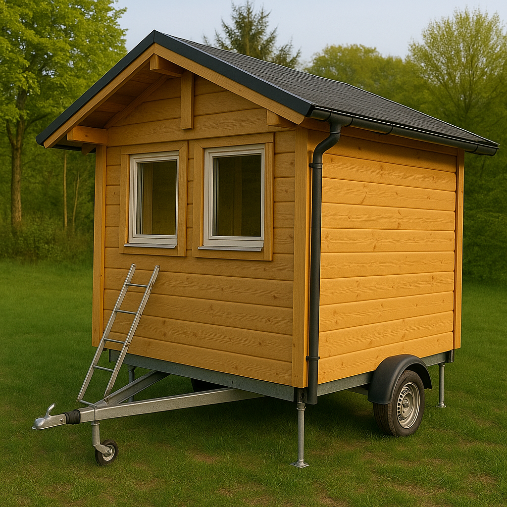Mobilní dřevěný domek 2,5 × 2,5 m – pojízdný, nový
