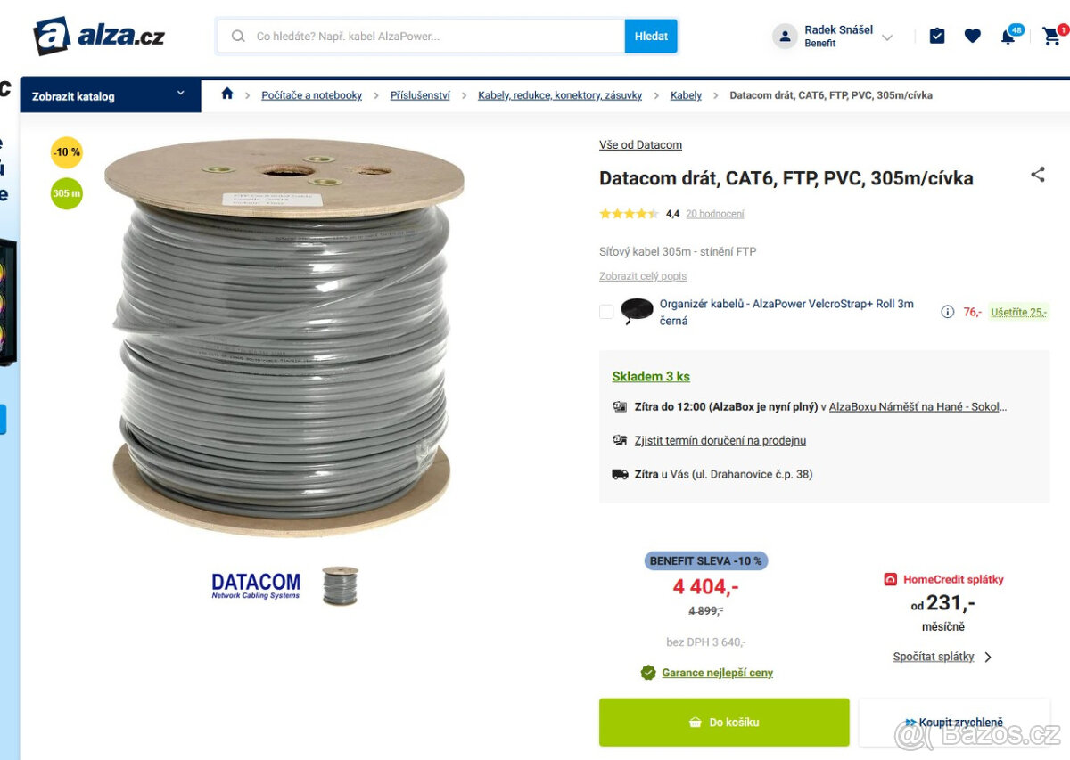 Datacom drát, CAT6, FTP,305m/cívka 10kč/m TOP CENA