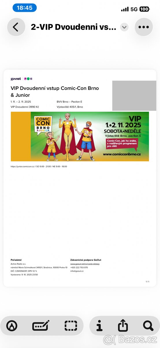 VIP vstupenka na comic con Brno 1.-2. Listopadu