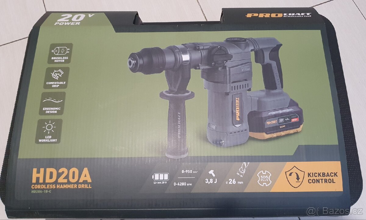 Kladivo vrtací aku Procraft Industrial HD20A, 3,8J, 4,0Ah