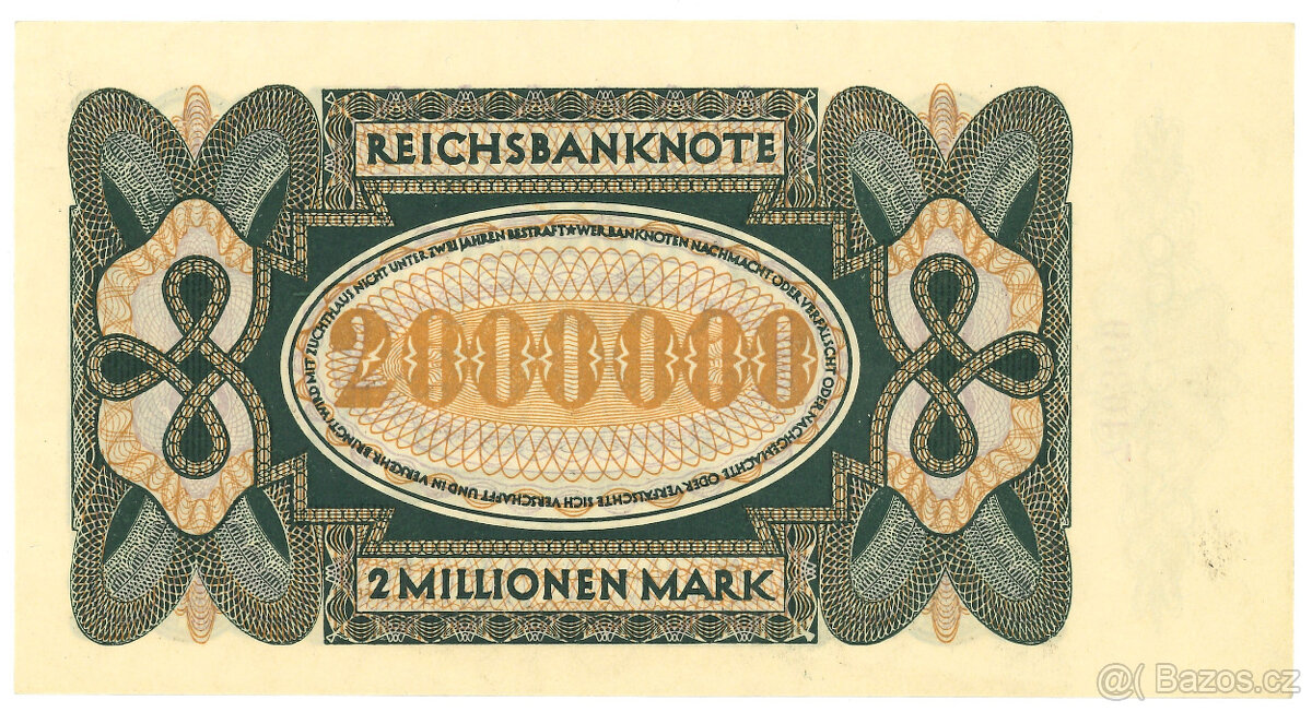 Stará Německá bankovka 2 millionen Mark 1923, UNC