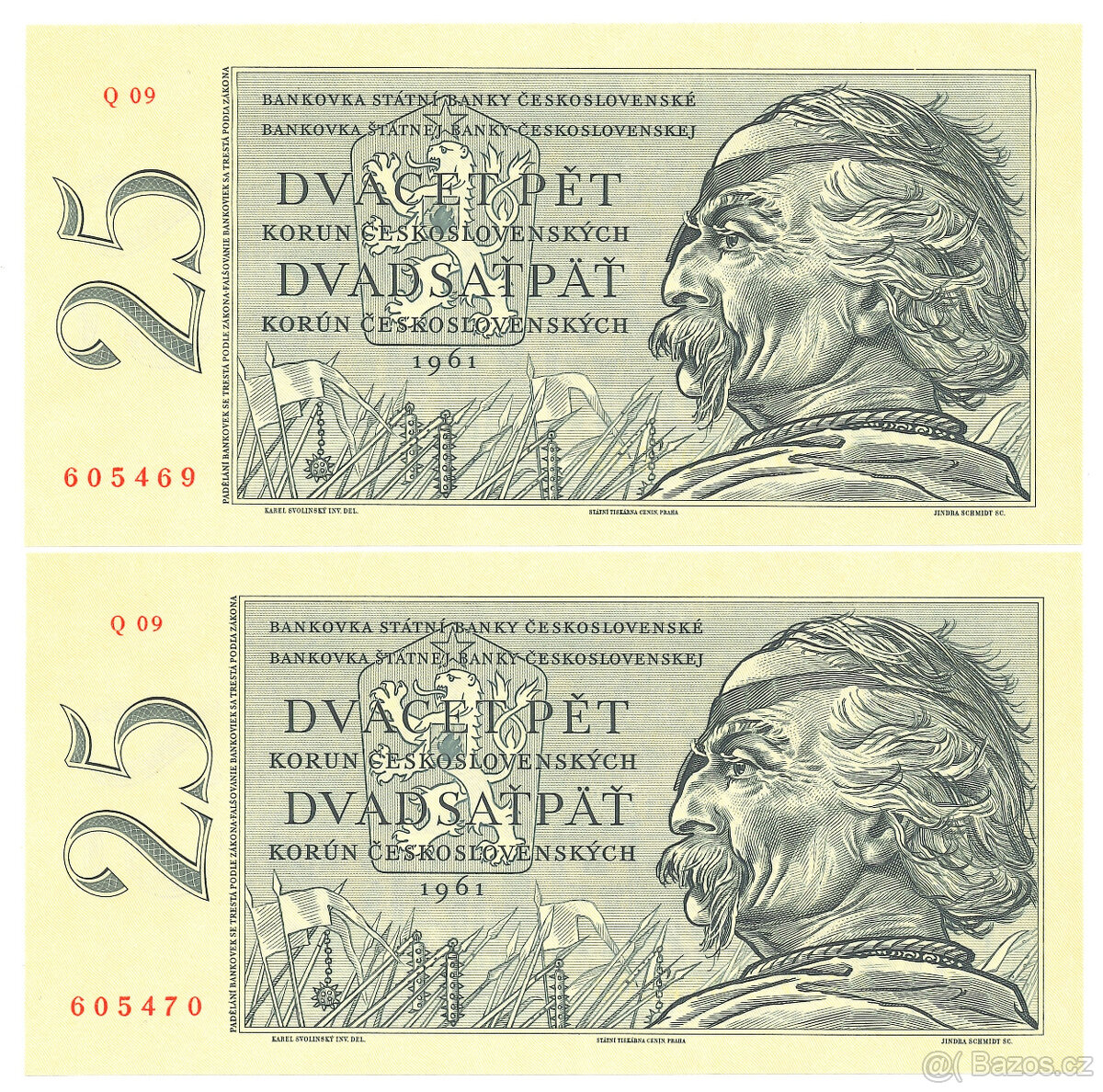 2x Bankovka 25 koruna československá 1961 UNC, Série Q09