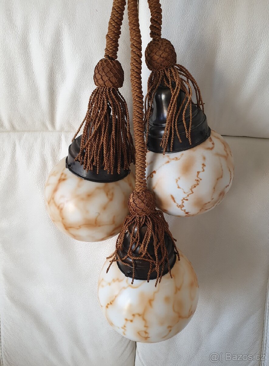 Starožitný lustr art deco na provazu béžové koule