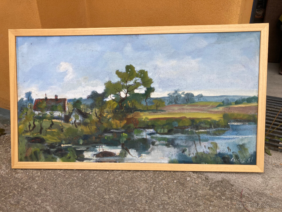 Obraz krajina, chalupa s rybníkem za 400 kč