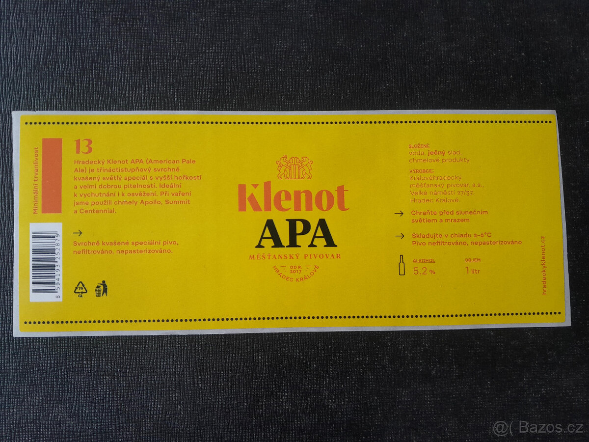 Hradec Králové - Klenot APA 13 - samolepicí pivní etiketa
