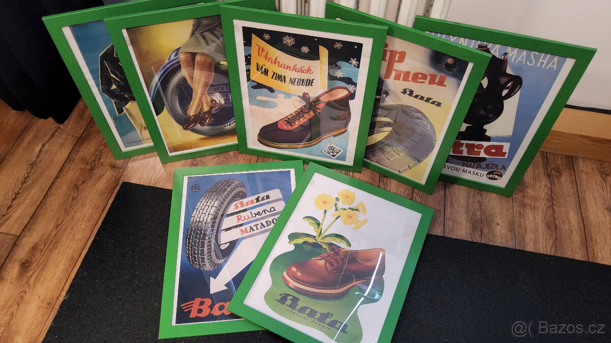 Reklamní plakáty firem Baťa, orámované, sada 7 ks
