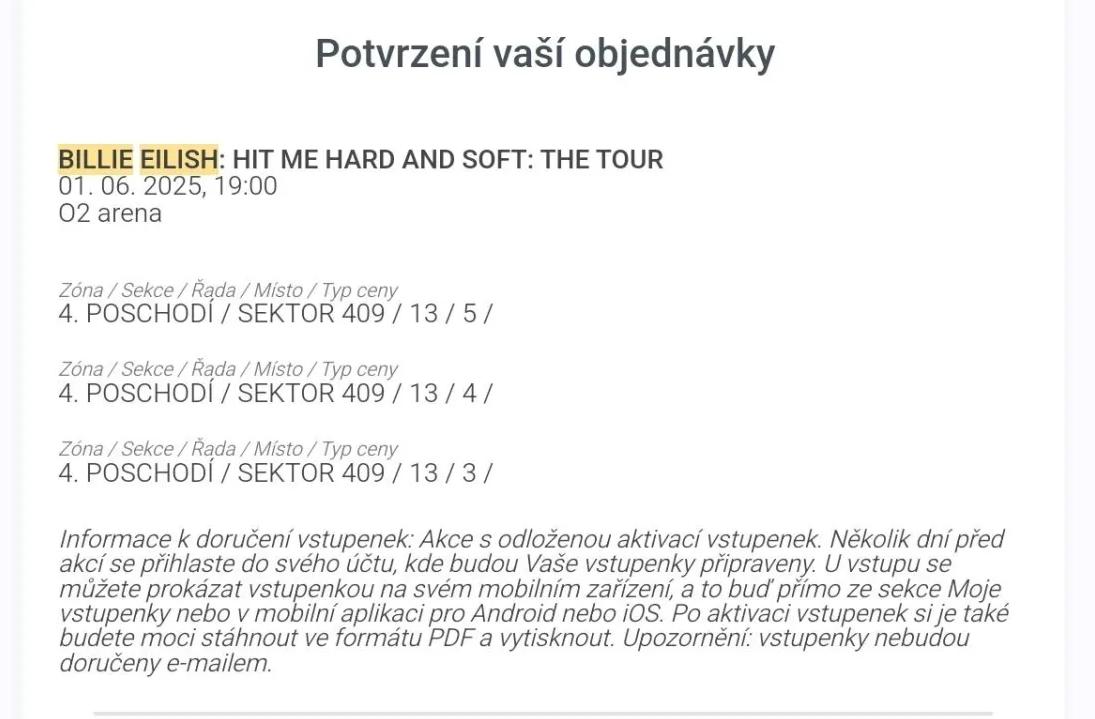 REZERVOVÁNO - Prodám 1x Billie Eilish vstupenku do Prahy