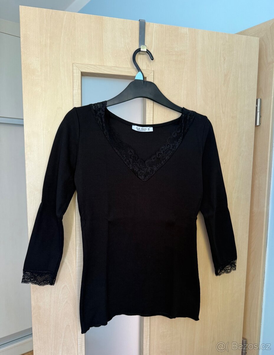 Dám. černé triko s krajkou, 3/4 rukáv, vel. S