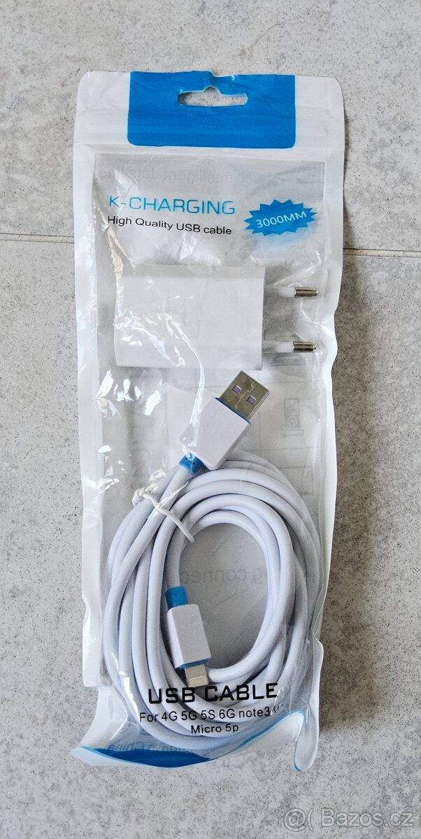 USB KABEL LIGHTNING 3M + NABÍJEČKA