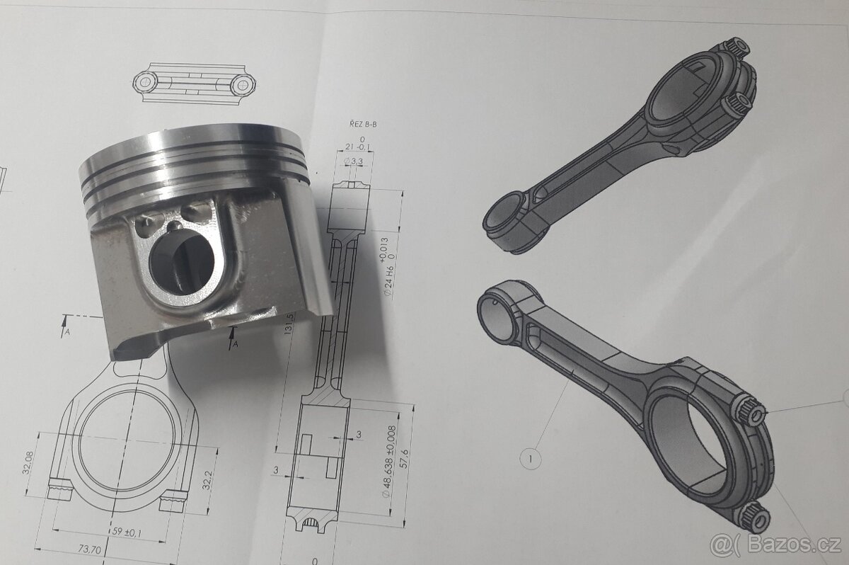 Závodní ojnice Škoda, písty, vložky válců