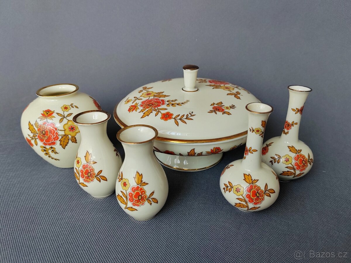 Porcelánový mini vázičky a dóza s květinami Thomas 1953-1960