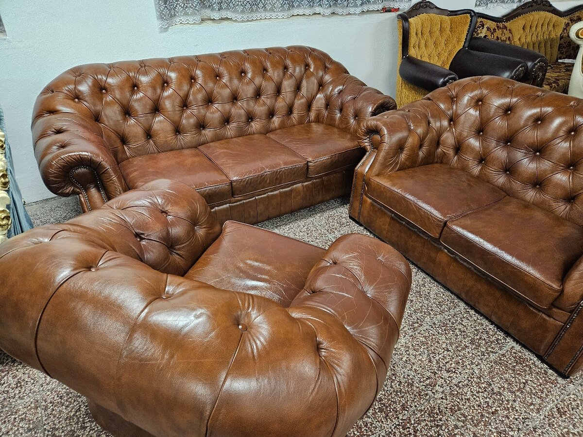 CHESTERFIELD ŠTÝL,HRUBOKOŽENÁ SEDAČKA HNEDÁ