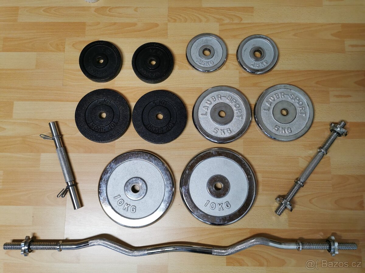 Sada činek + EZ tyč (lomená) – chrom + litina (závaží 50kg)
