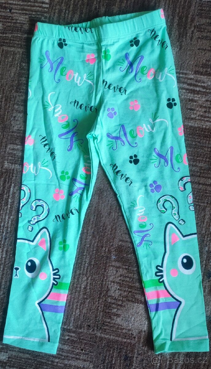 Dětské sv. zelené legíny s kočkou, 3 vel.