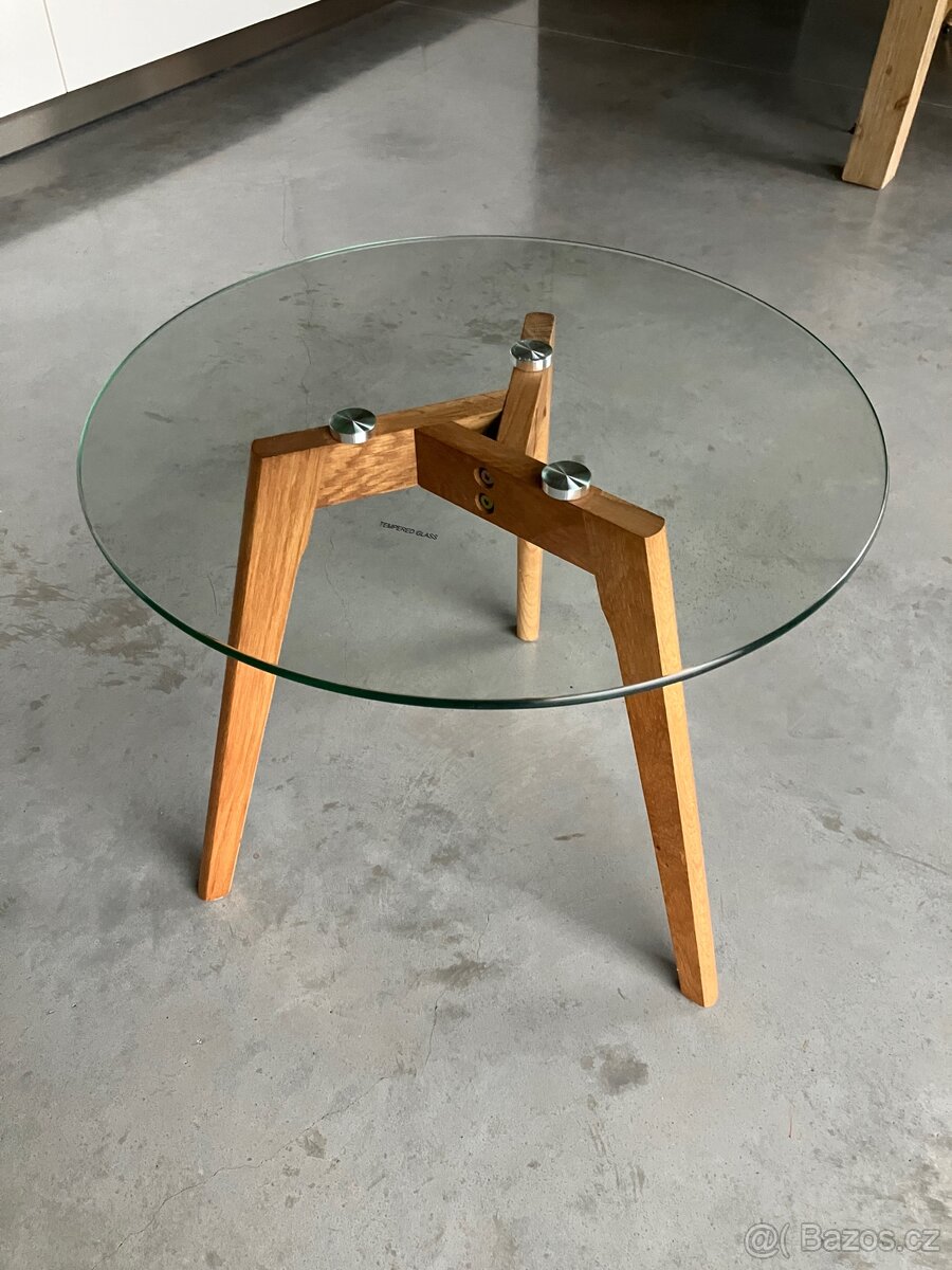 Konferenční stolek, dřevo a sklo, průměr 50 cm