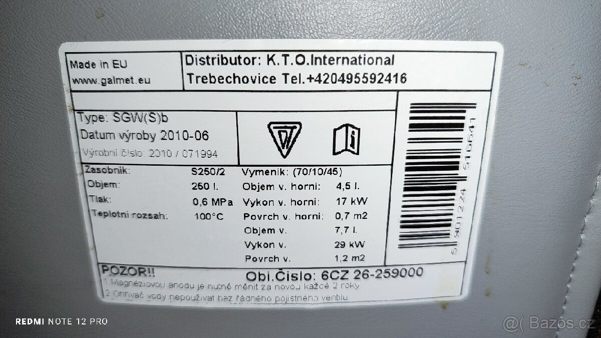 Zásobník, bojler 250l Galmet